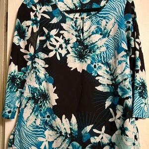 New York & Company Teal and Black Patterned Blouse